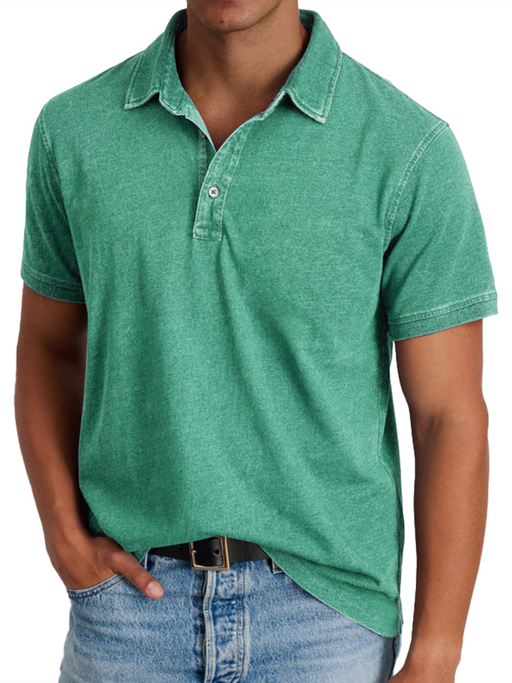 Men's blue polo shirt with collar and button front, short sleeves
