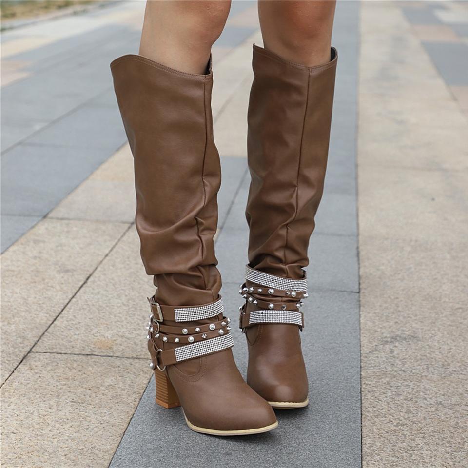 Women's Knee-High Boots - Slouchy Block Heel in Brown - View 7 | Bellmere