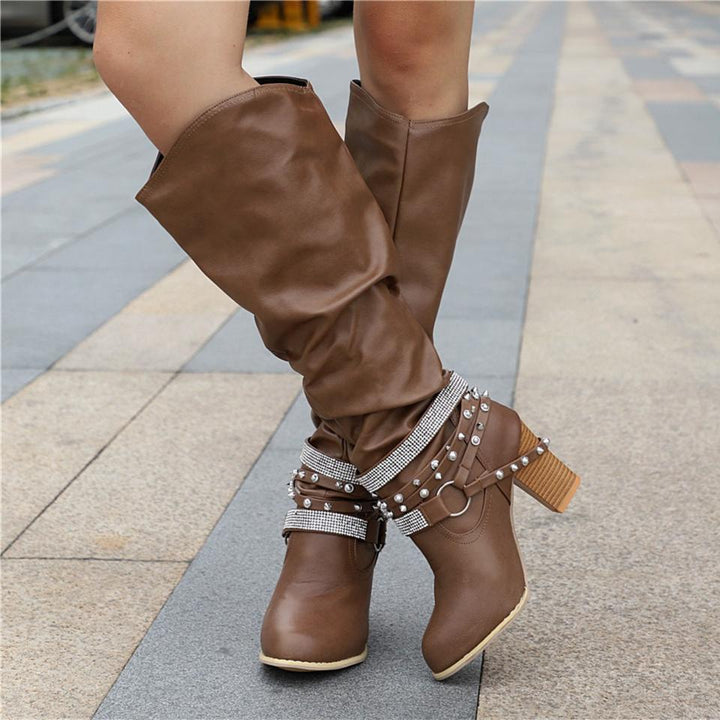 Women's Knee-High Boots - Slouchy Block Heel in Brown | Bellmere