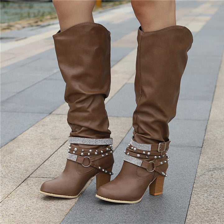 Women's Knee-High Boots - Slouchy Block Heel in Brown - View 6 | Bellmere