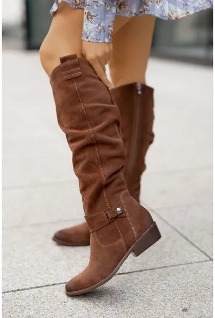 Women's slouch knee-high boots with side zips and low heels