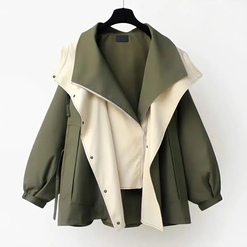 Women's color block windbreaker jacket with layered collar and long sleeves