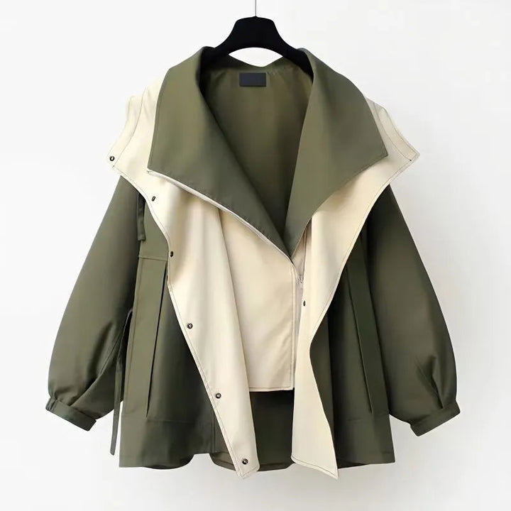 Women's color block windbreaker jacket with layered collar and long sleeves