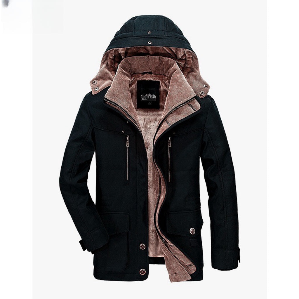 Men's hooded parka jacket with zip pockets, flap pockets and button fastening