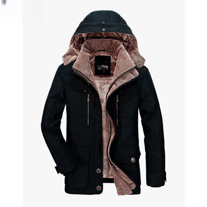 Men's hooded parka jacket with zip pockets, flap pockets and button fastening