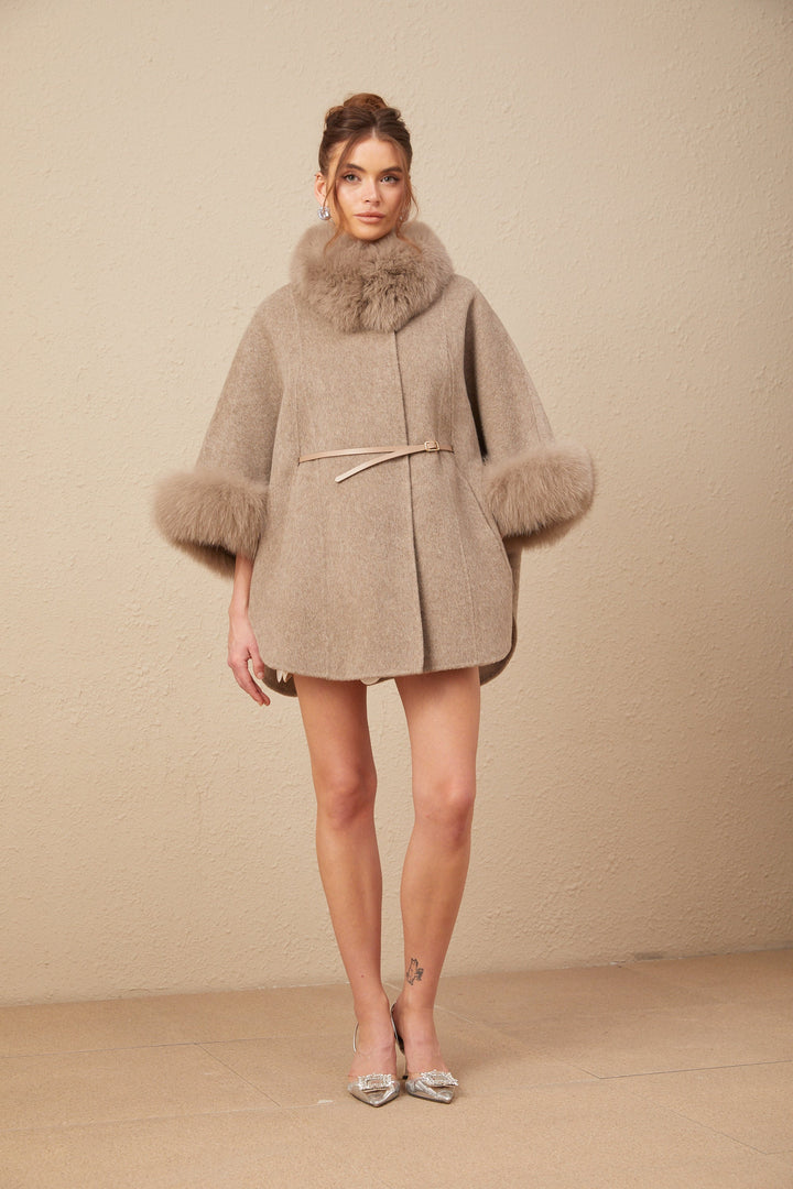 Women's brown cape coat with fur collar, cuffs and belted waist
