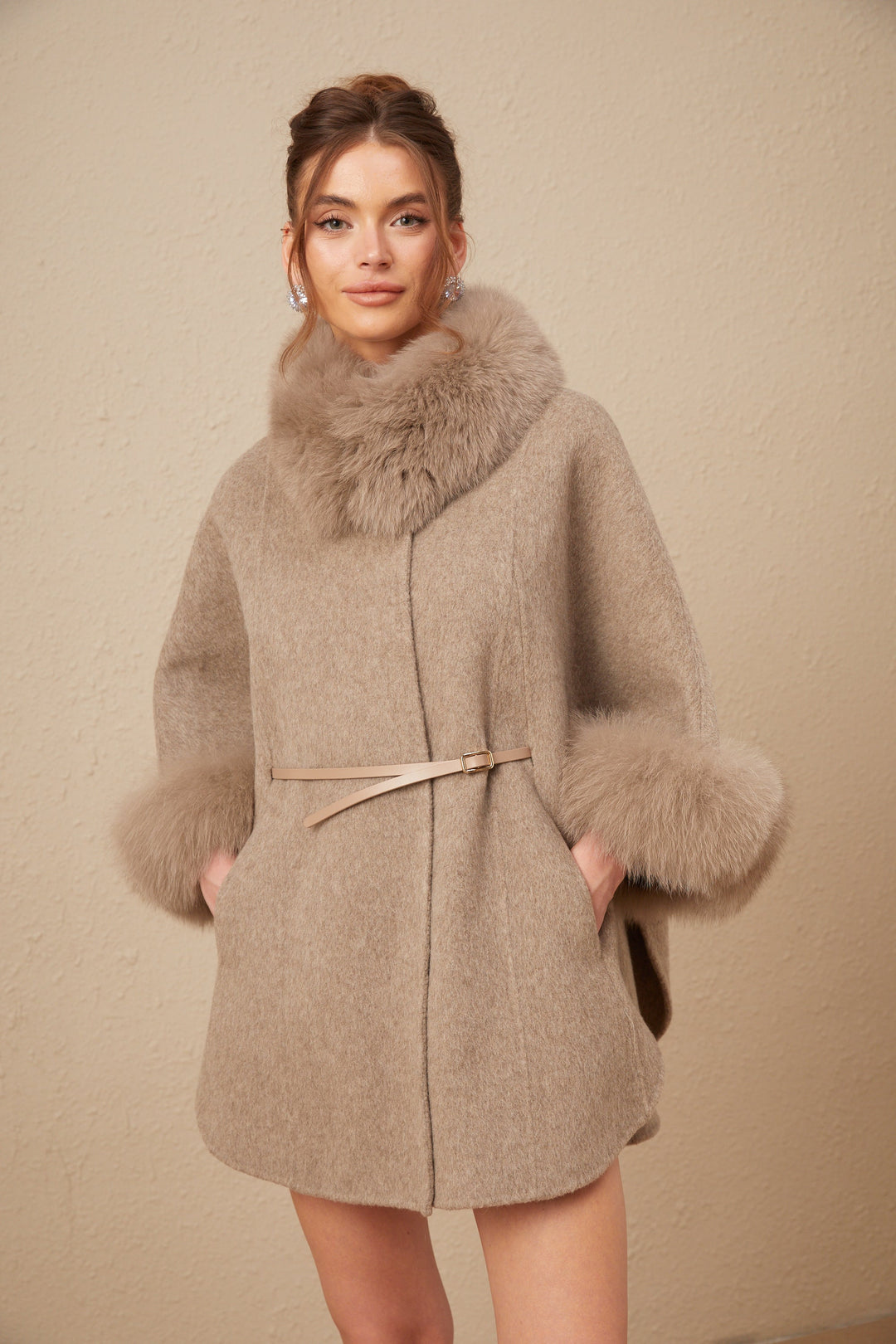 Women's brown cape coat with fur collar, cuffs and belted waist