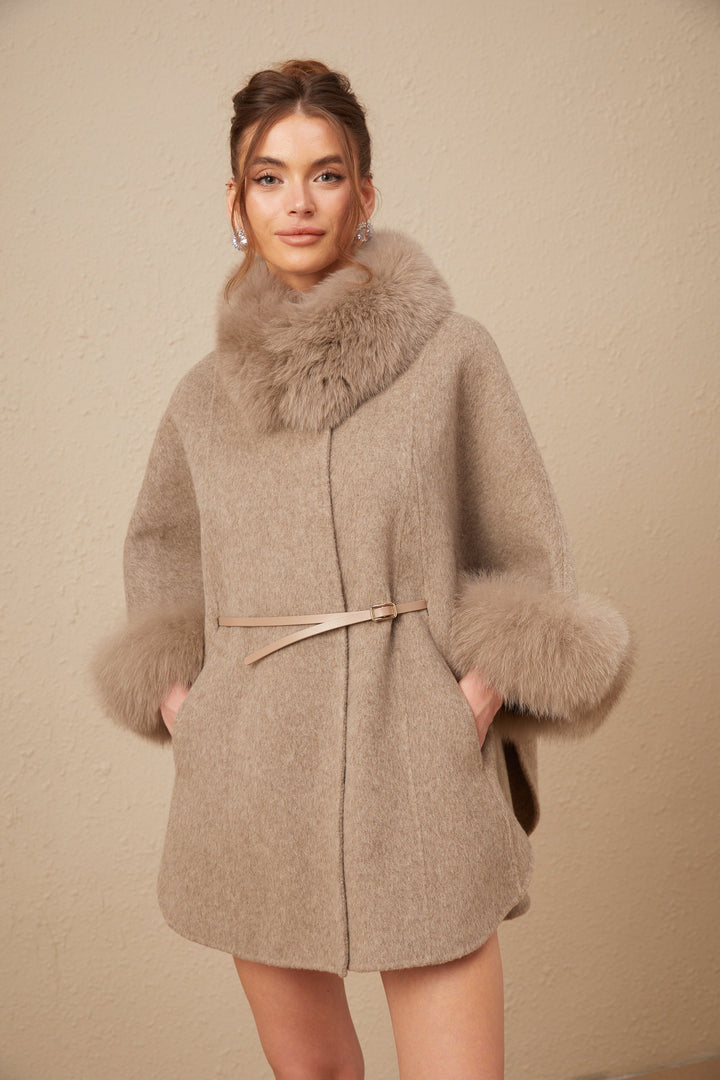 Women's brown cape coat with fur collar, cuffs and belted waist