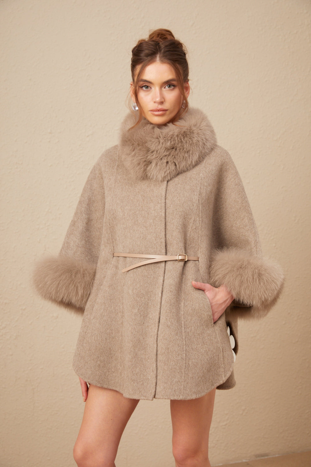 Women's brown cape coat with fur collar, cuffs and belted waist