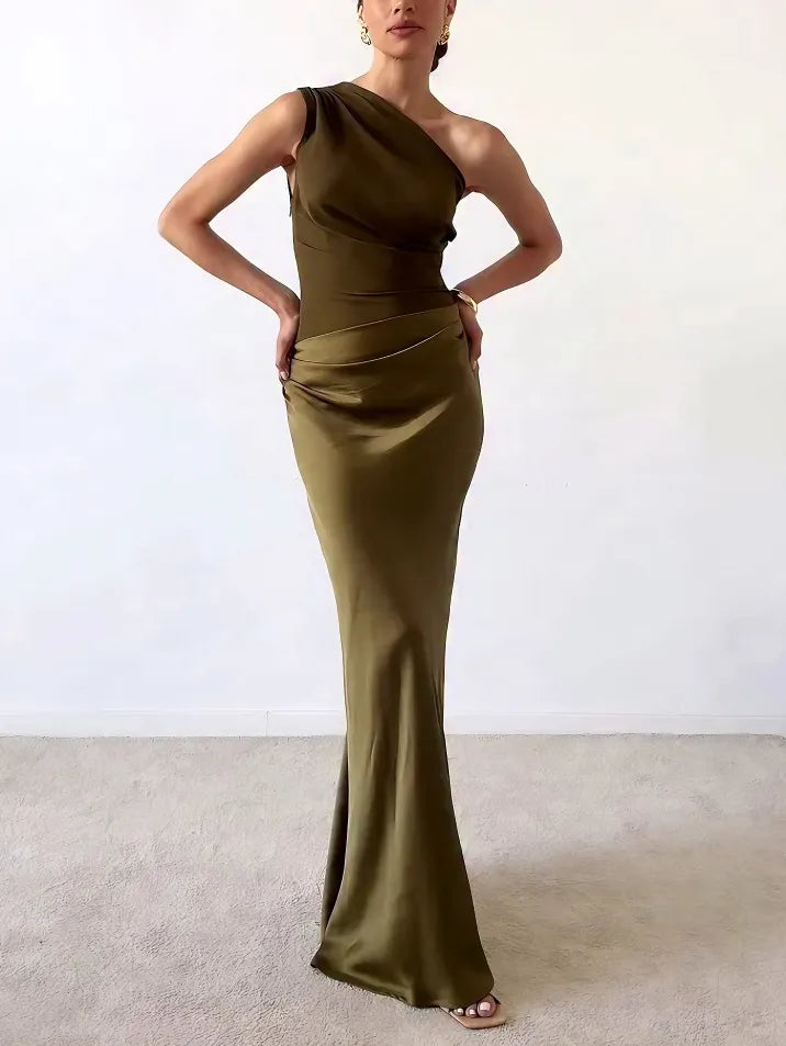 One-Shoulder Pleated Maxi Dress in Brown - View 2 | Bellmere