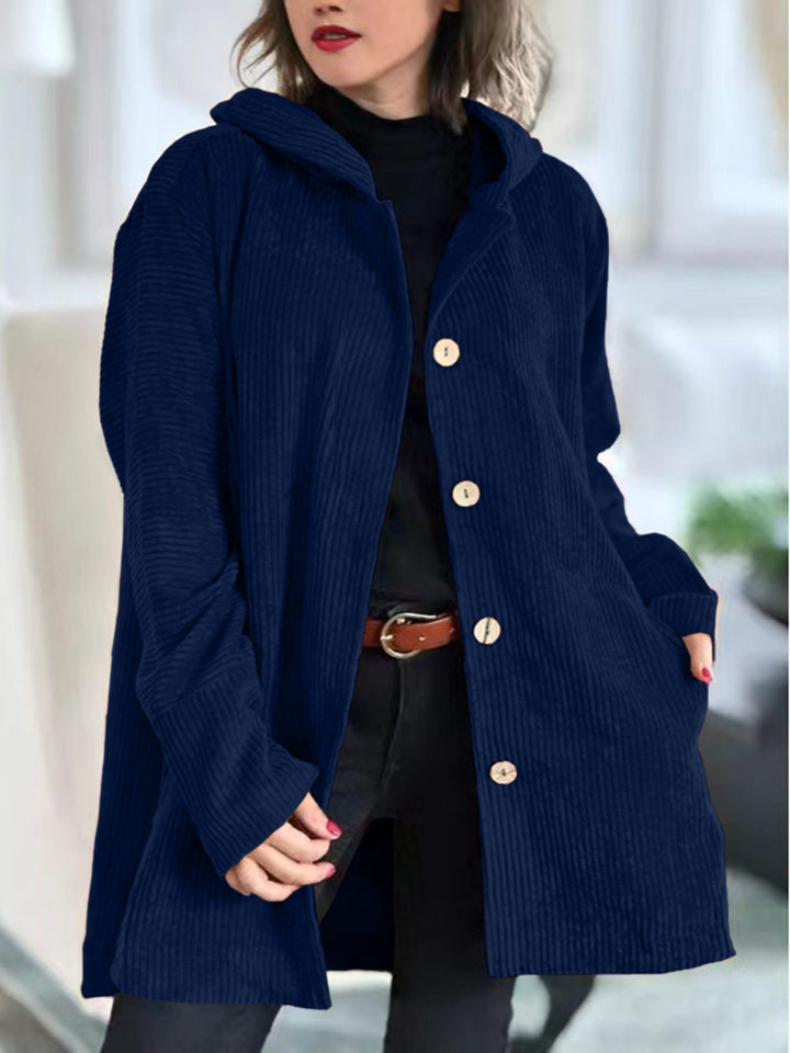 Women's corduroy hooded jacket with buttons and side pockets