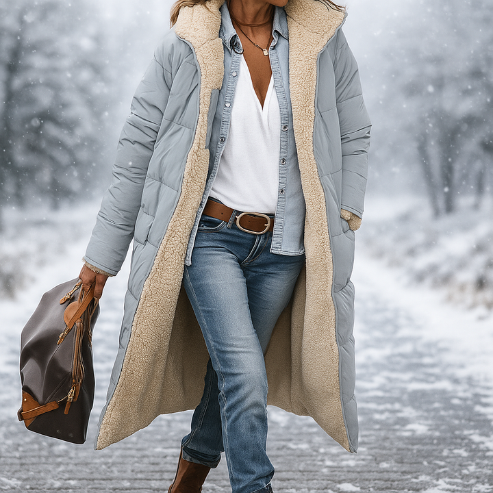 Women's long quilted hooded coat with plush trim