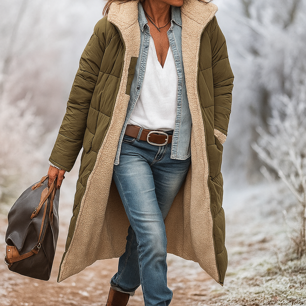 Women's long quilted hooded coat with plush trim
