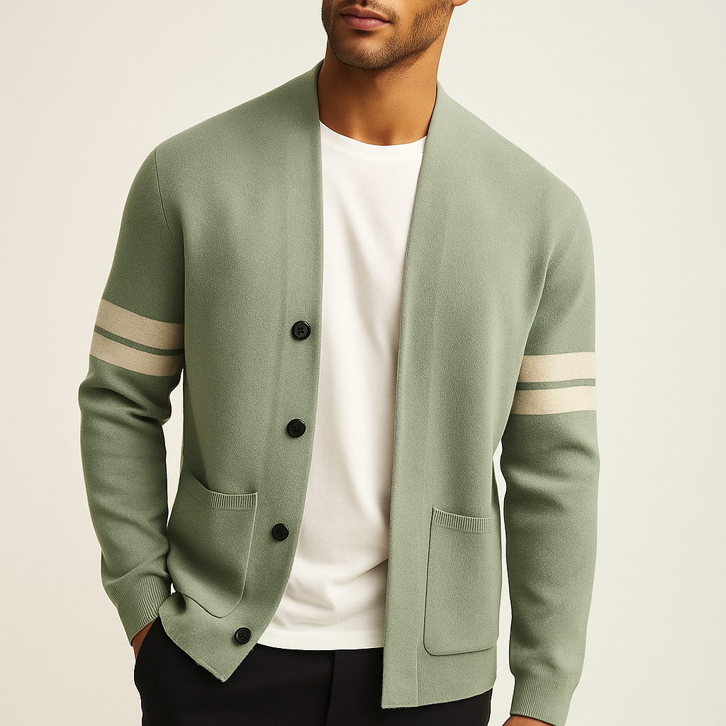 Button-front cardigan with contrast sleeve stripes and patch pockets