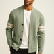Button-front cardigan with contrast sleeve stripes and patch pockets