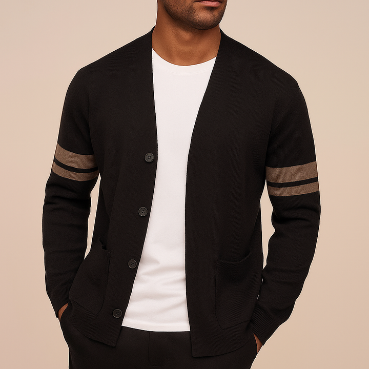 Button-front cardigan with contrast sleeve stripes and patch pockets