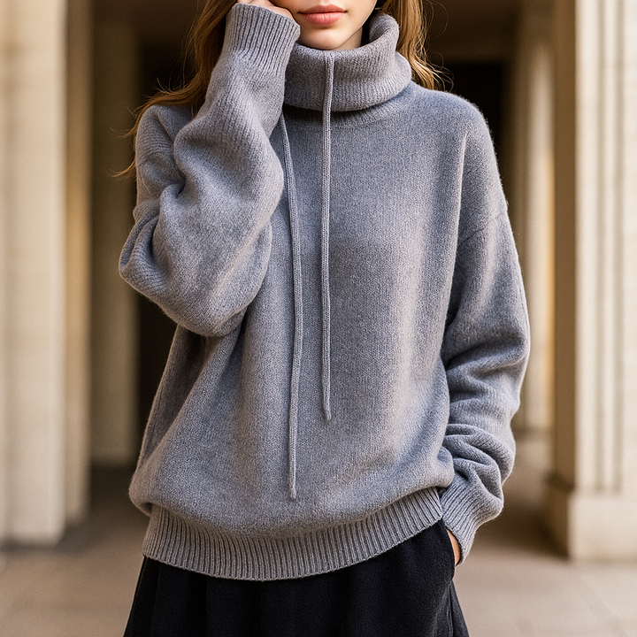 Women's hooded knit hoodie with cowl neck, drawstrings, long sleeves and ribbed trims