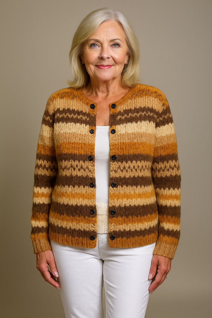 Women's brown striped button cardigan with crew neckline and long sleeves