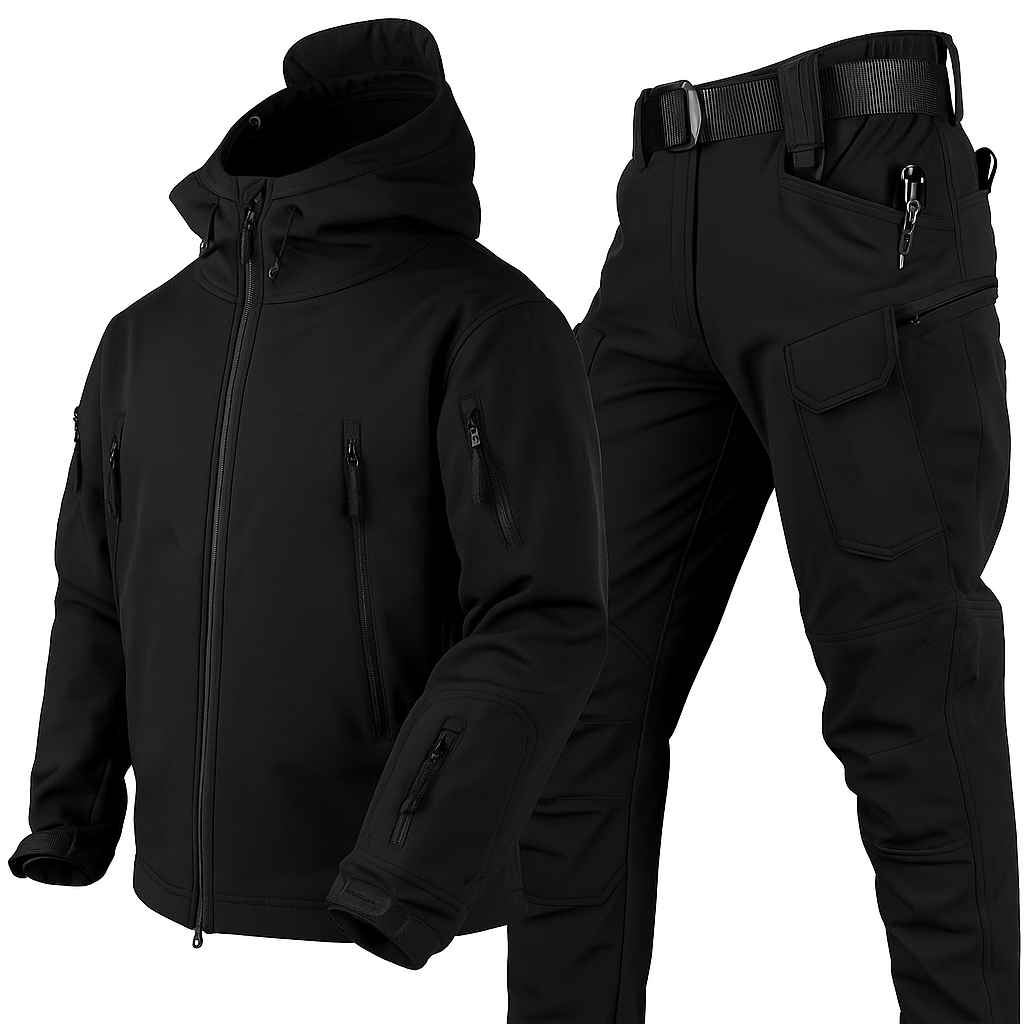 Men's hooded outdoor jacket and cargo trousers set with utility pockets