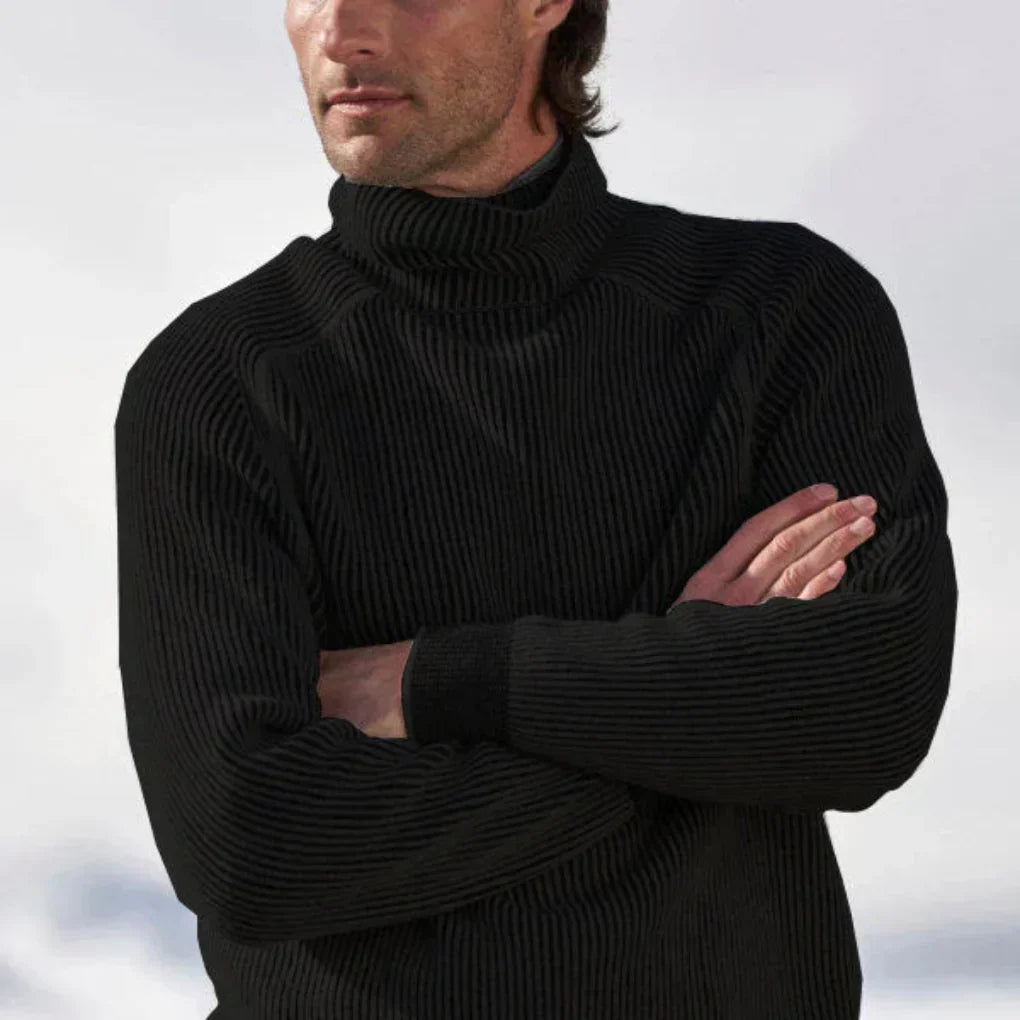 Men's ribbed turtleneck sweater shown in black and white