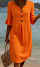 Women's Linen Blend Shift Dress, Buttoned V-Neck, Ruffle Cuffs