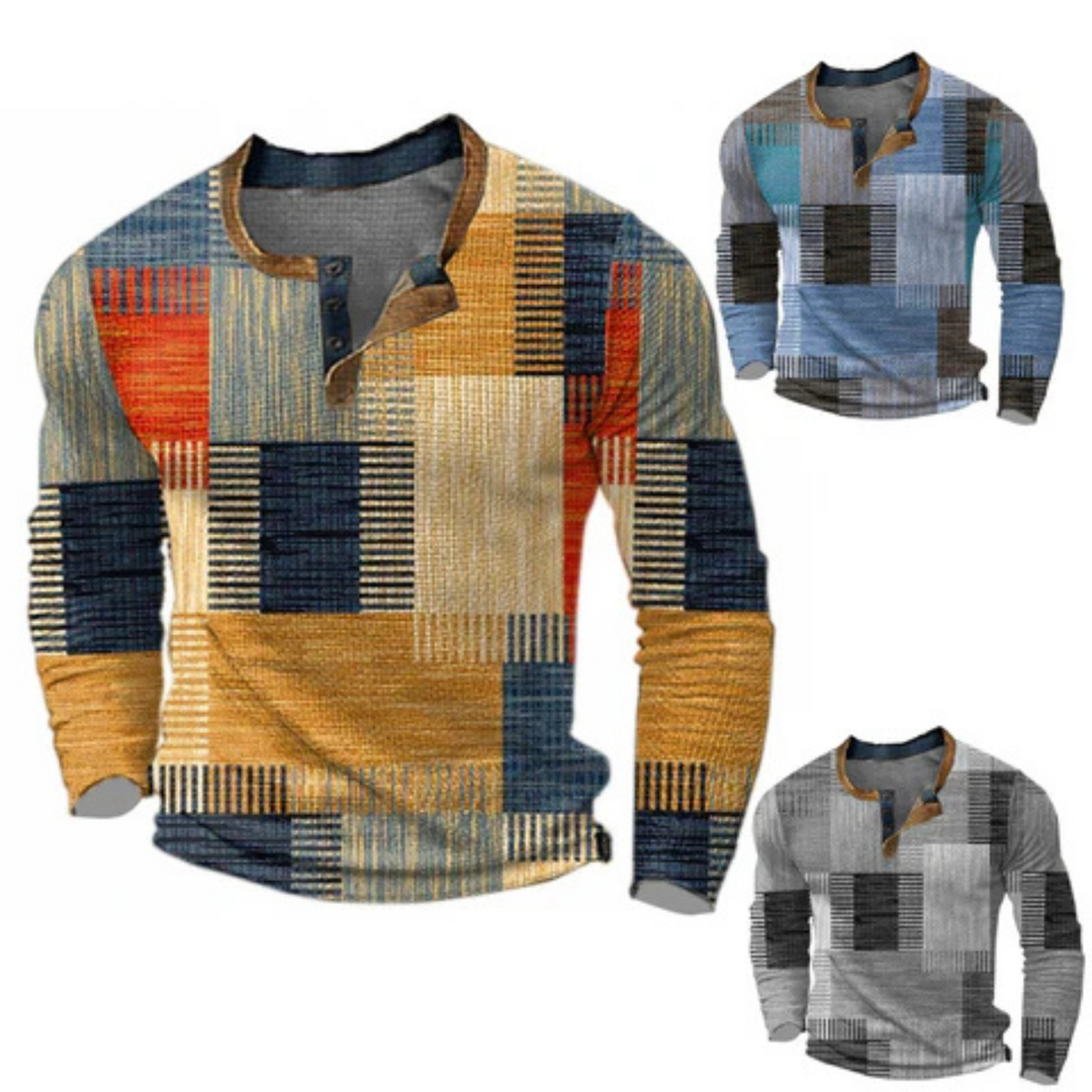 Men's long-sleeve geometric patchwork sweater with button placket