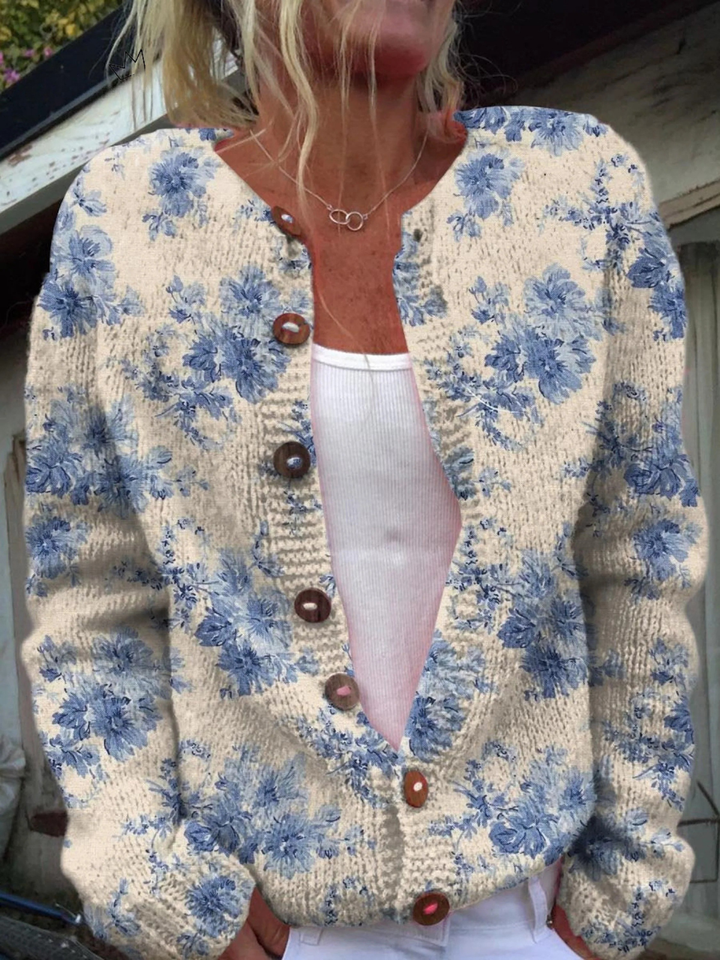 Women's cream cardigan with blue floral print and front buttons