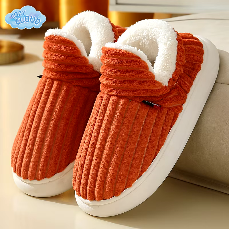 Ribbed plush-lined slip-on slippers with round toes and flat white soles