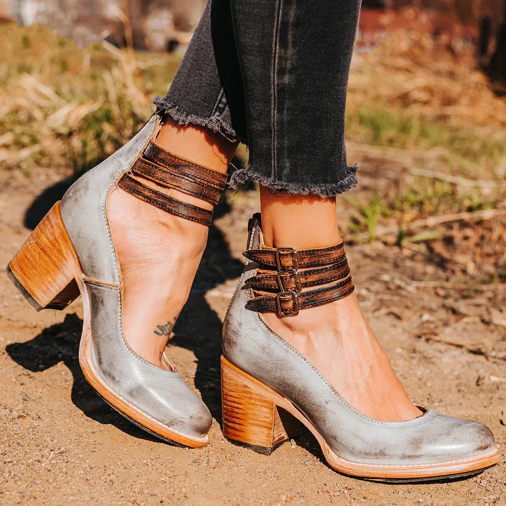 Women's ankle strap pumps with buckles and block heels