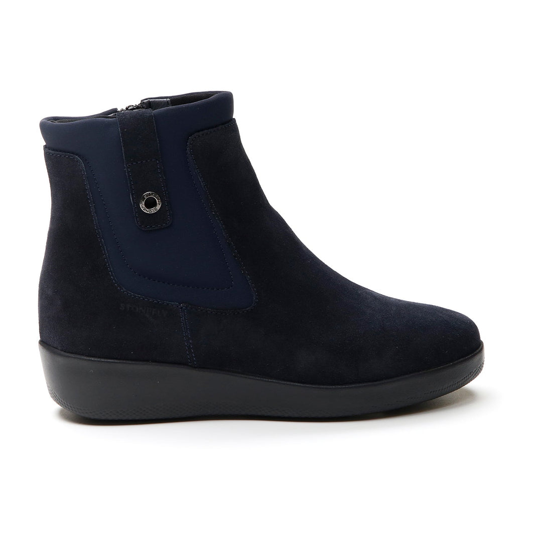 Navy Chelsea ankle boot with elastic side panels and low wedge sole