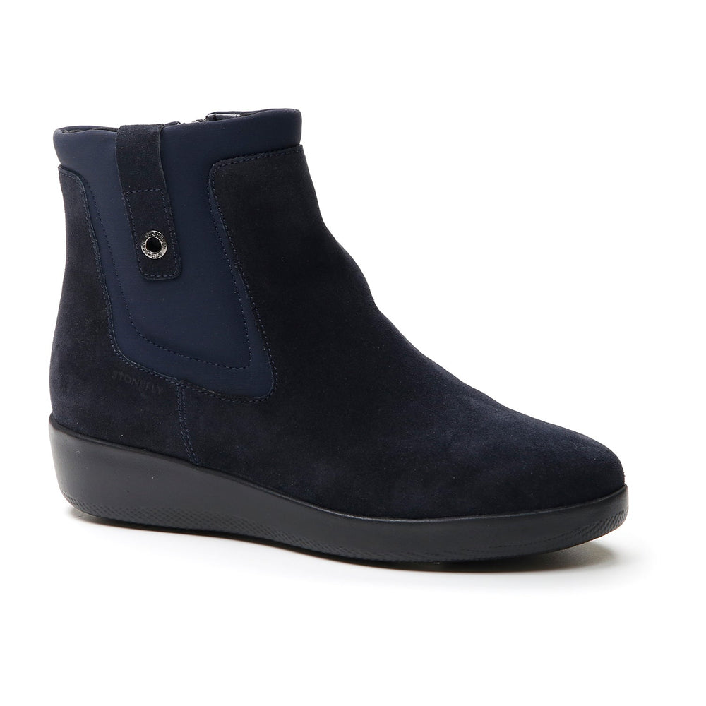Navy Chelsea ankle boot with elastic side panels and low wedge sole