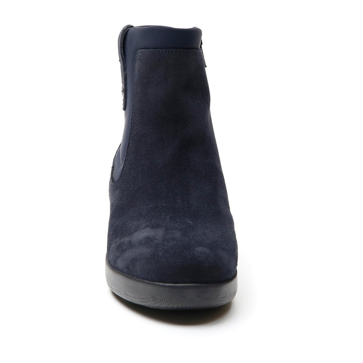 Navy Chelsea ankle boot with elastic side panels and low wedge sole