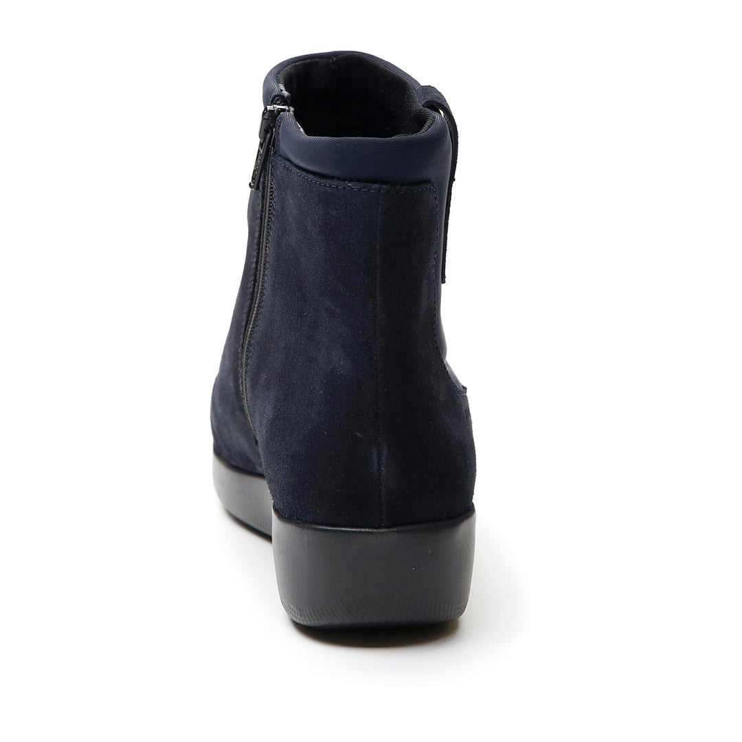 Navy Chelsea ankle boot with elastic side panels and low wedge sole