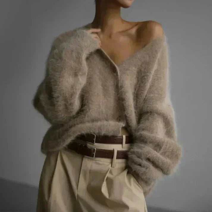 Women's fuzzy knit V-neck cardigan with button front and long sleeves