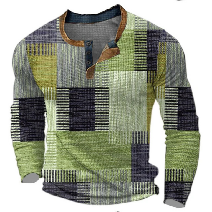 Men's long-sleeve geometric patchwork sweater with button placket