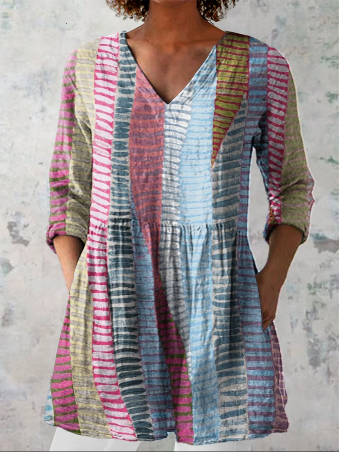 Women's multicolour striped v-neck long blouse with patchwork print