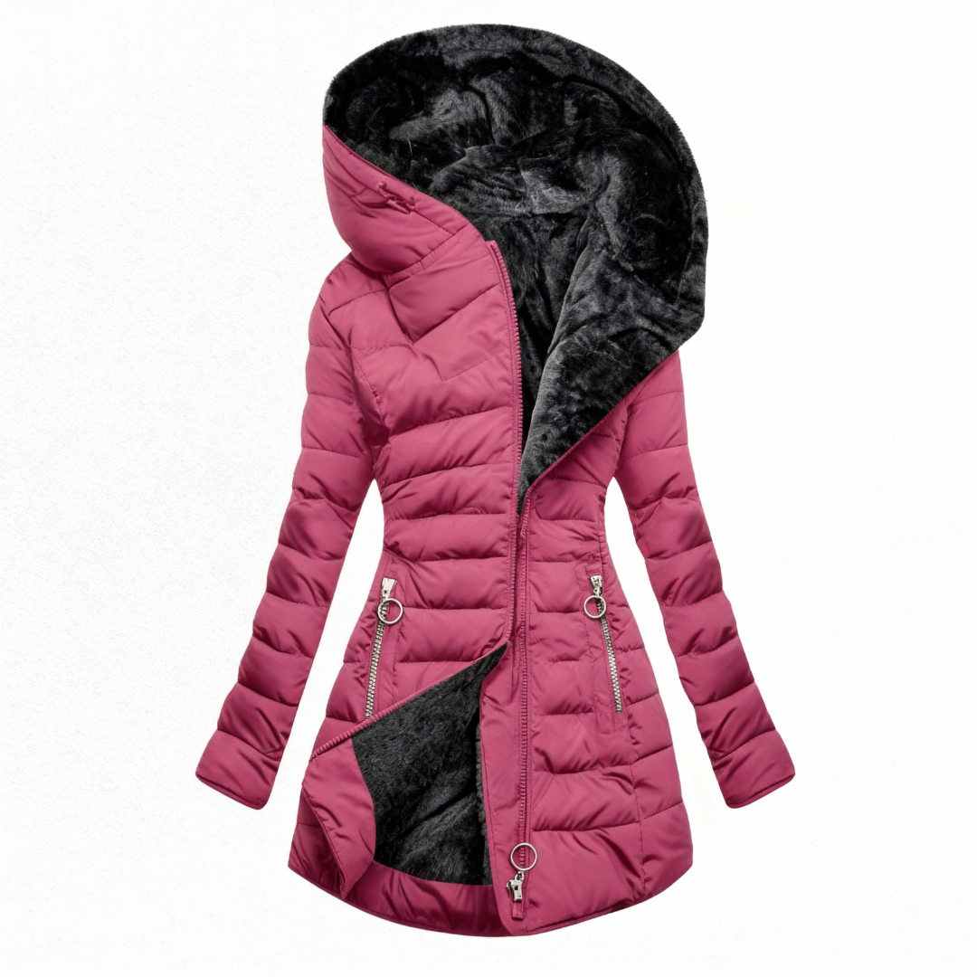 Women's hooded quilted coat with plush-textured lining and zip pockets