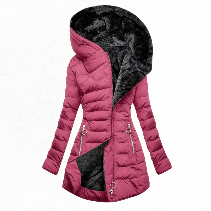 Women's hooded quilted coat with plush-textured lining and zip pockets