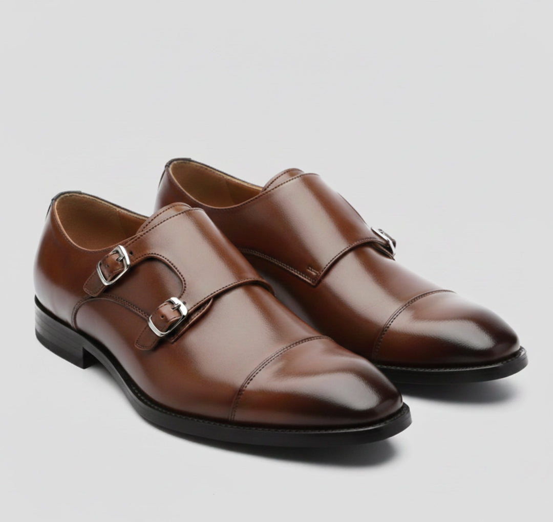 Men's double monk strap loafers with twin buckles and low heels