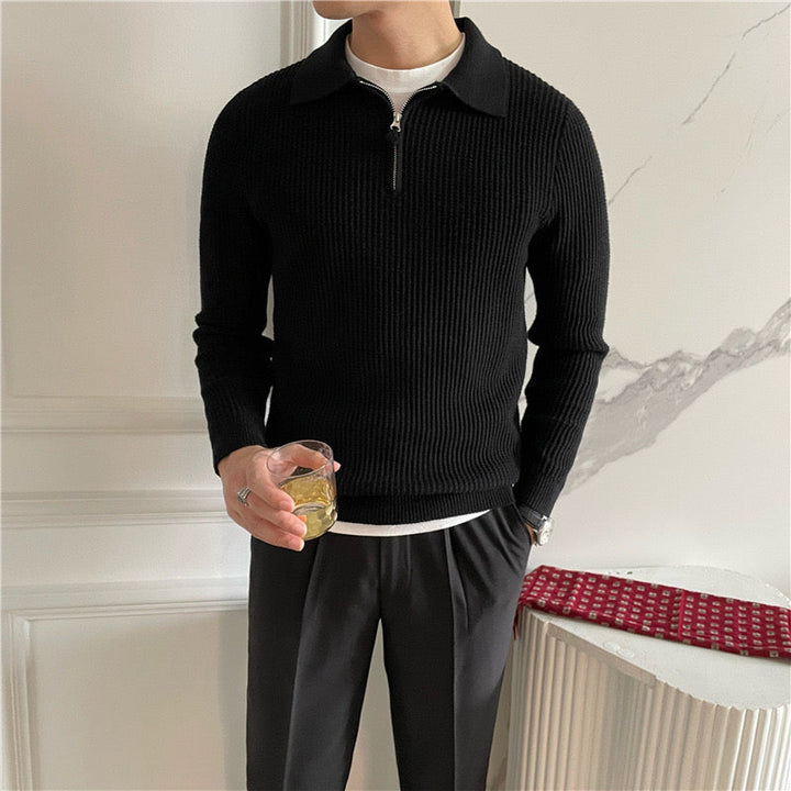 Ribbed collared sweater with short front zip