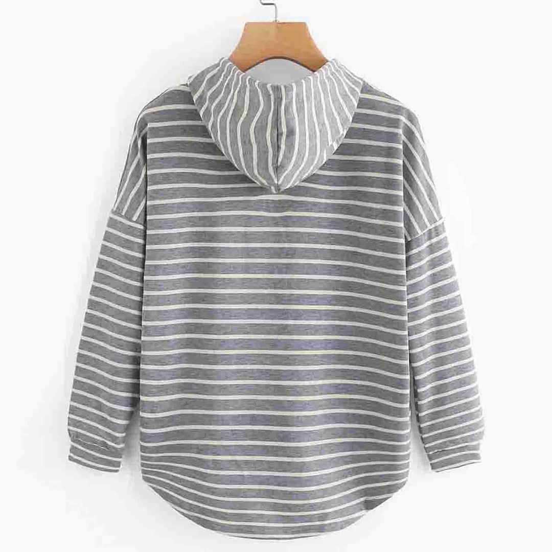Women's striped pullover hoodie with drawstring hood and curved hem