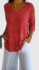 Women's textured V-neck sweater with three-quarter sleeves