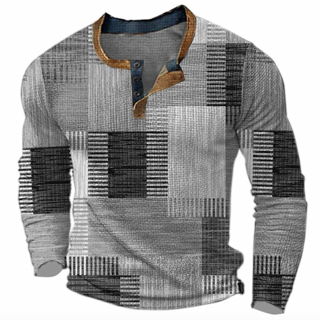 Men's long-sleeve geometric patchwork sweater with button placket