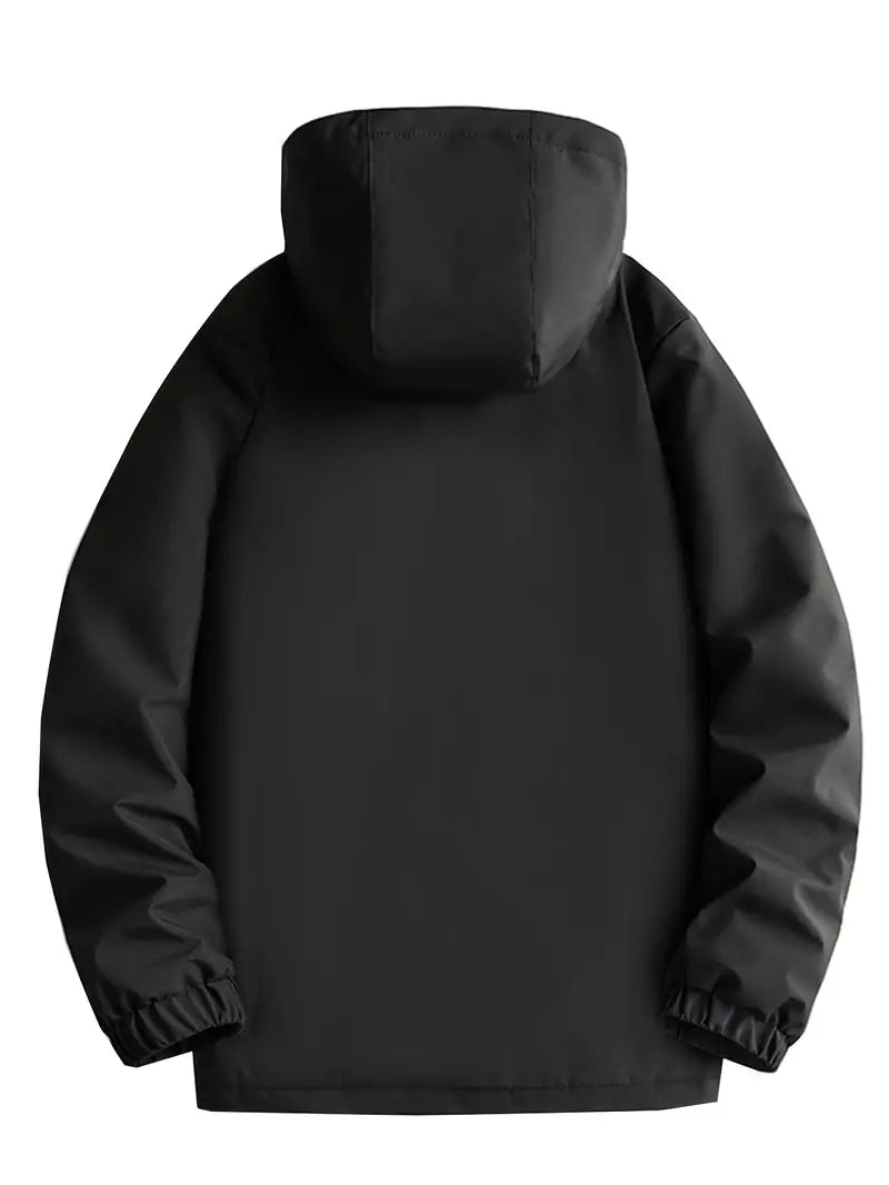 Men's hooded parka jacket with zip front and multiple flap pockets