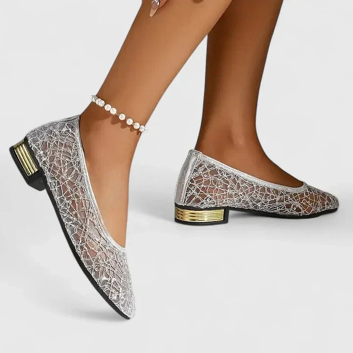 Dahlia | Women's Lace Pointed Toe Flats Gold Heel Detail