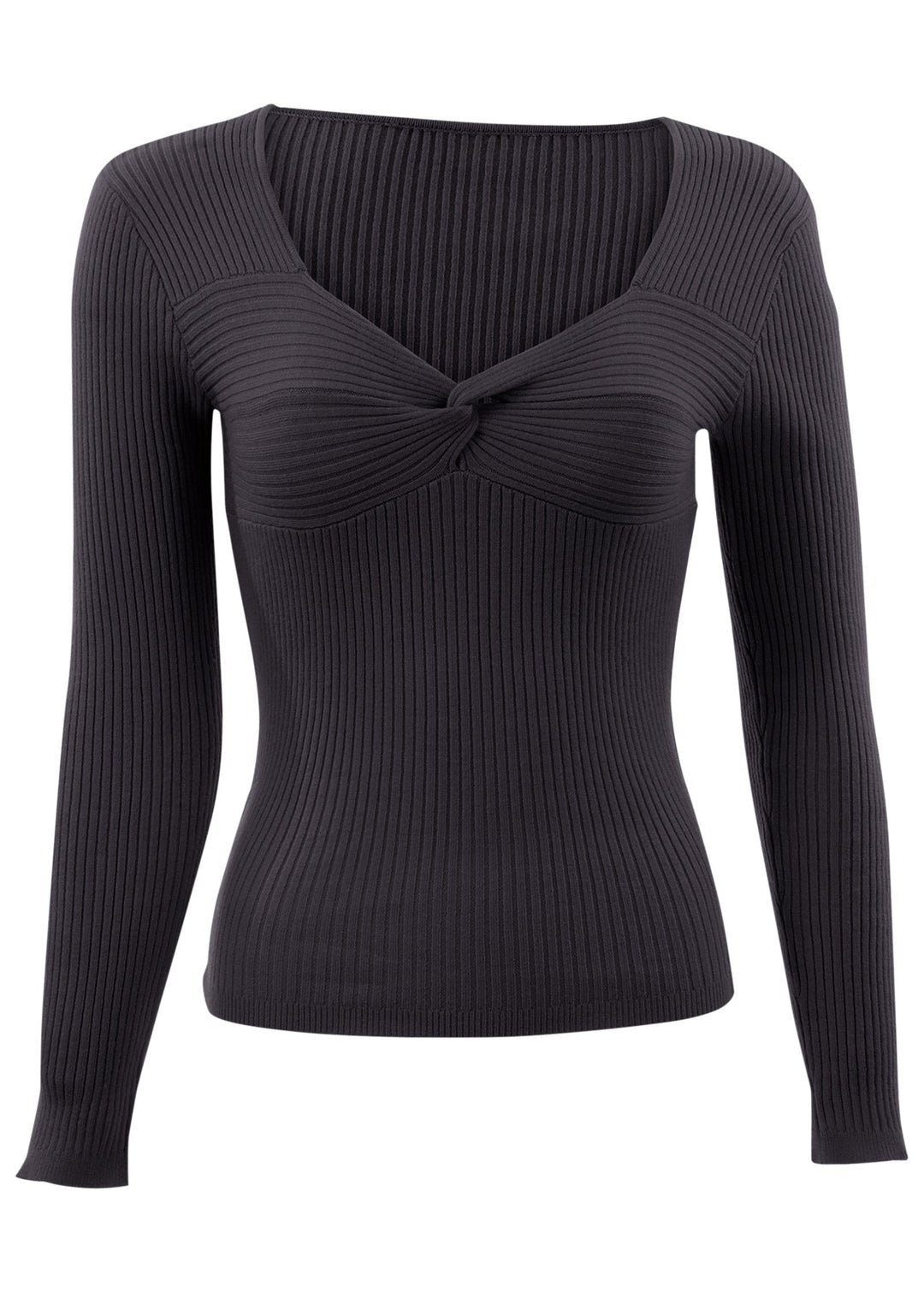 Women's black ribbed top with twist front and long sleeves