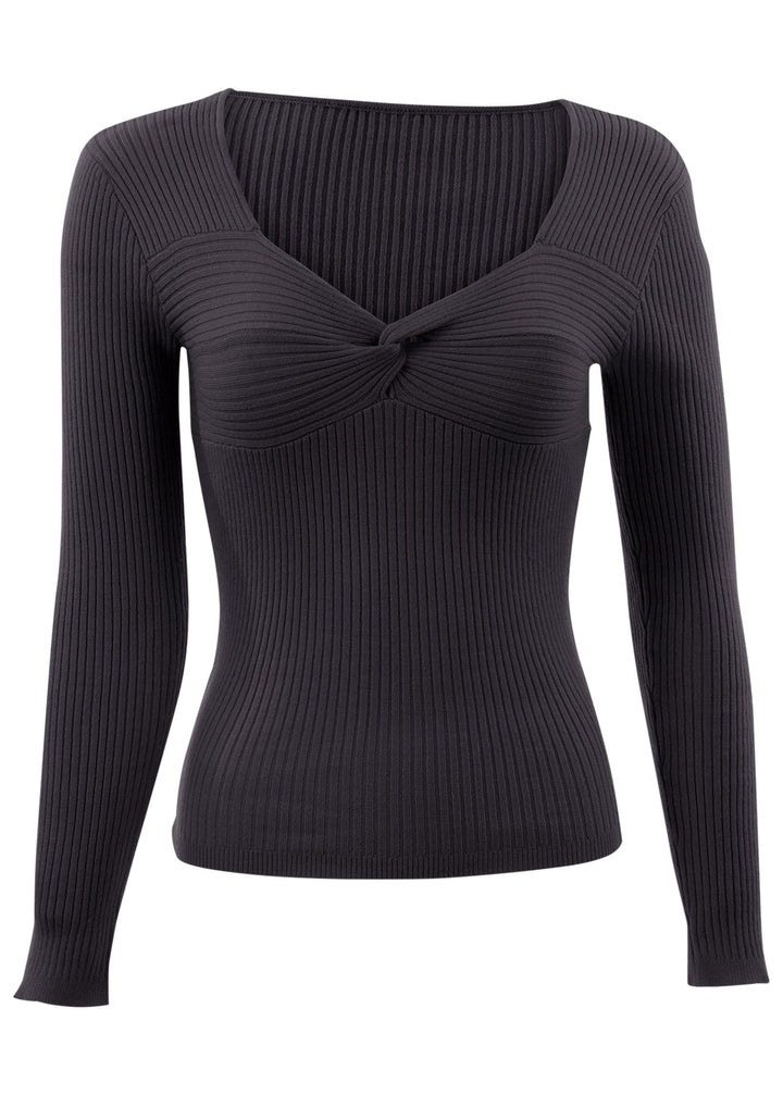 Women's black ribbed top with twist front and long sleeves