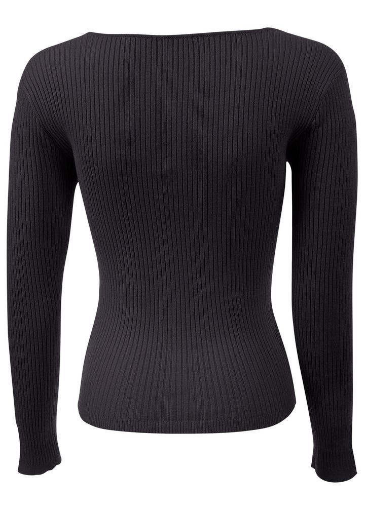 Women's black ribbed top with twist front and long sleeves