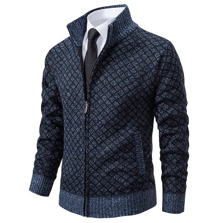 Long sleeve zip cardigan with diamond pattern and stand collar
