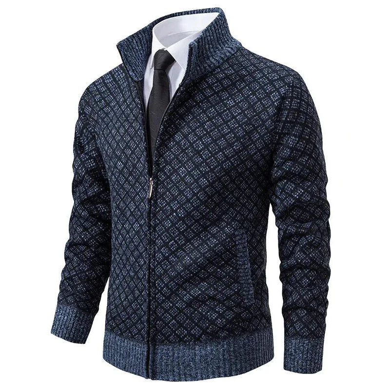 Textured zip cardigan with diamond pattern and ribbed trims